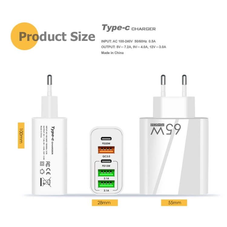 65W Dual PD Type-C + 3 x USB Multi Port Charger for Phone and Tablet PC, US Plug(White)
