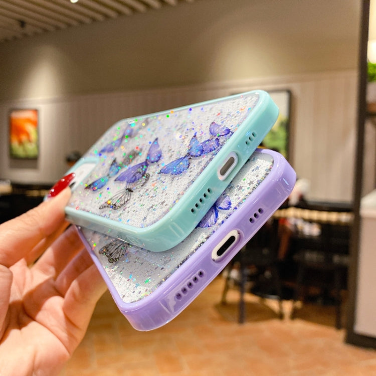 For iPhone 14 Plus Color Butterfly Glitter Epoxy TPU Phone Case(Pink)