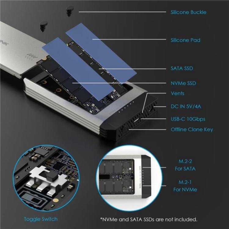 WAVLINK ST347 One-Click Offline Clone Dual Slot M.2 SSD Enclosure USB-C 3.2 Gen2 10Gbps, ST347