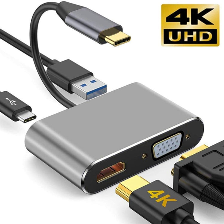 USB C to HDMI VGA 4K Adapter 4-in-1 Type C Adapter Hub to HDMI VGA USB 3.0 Digital AV Multiport Adapter with USB-C PD Charging Port Compatible for Nintendo Switch/Samsung/MacBook(Silvery)