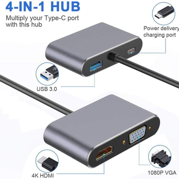 USB C to HDMI VGA 4K Adapter 4-in-1 Type C Adapter Hub to HDMI VGA USB 3.0 Digital AV Multiport Adapter with USB-C PD Charging Port Compatible for Nintendo Switch/Samsung/MacBook(Silvery)
