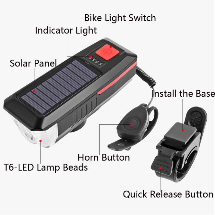 Bicycle Solar Headlight Horn Light Night Riding USB Charging Headlight Bicycle Glare Flashlight Equipment, Red, Green, Blue, Orange