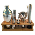 10 in 1 Stainless Steel Shaker Bamboo Stand Set Oblique Mouth Bar Cocktail Bartending Tool, 350ml, 550ml, 750ml