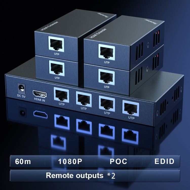 60m 1x4 HDMI Splitter POC Distribution Extender Supports 1080P@60Hz, UK Plug, US Plug, EU Plug, AU Plug