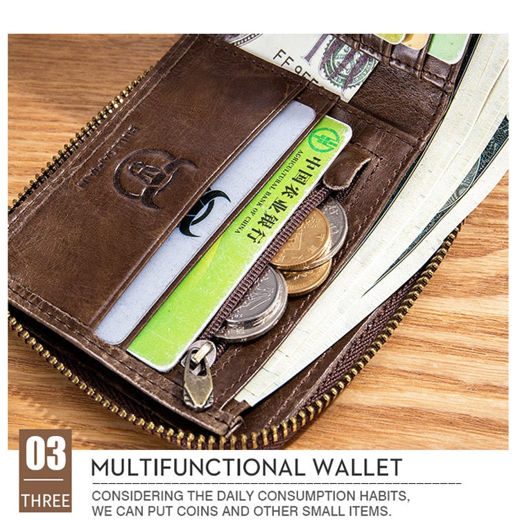 BUFF CAPTAIN 231 First Layer Cowhide Zipper Wallet Horizontal Leather Multiple-Card Thicken Album Wallet, Brown, Yellow Brown, Wise Black