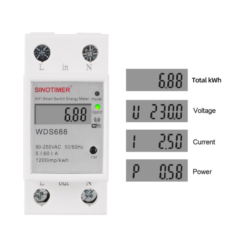 SINOTIMER WDS688 Smart WiFi Single-Phase Power Meter Mobile APP Home Rail Meter 5-60A 230V, WDS688