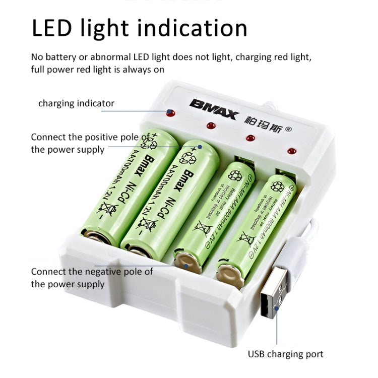 4 PCS BMAX B-04 AAA/AA 1.2V Battery 4 Slot USB Charger, 4 Slot USB(White)