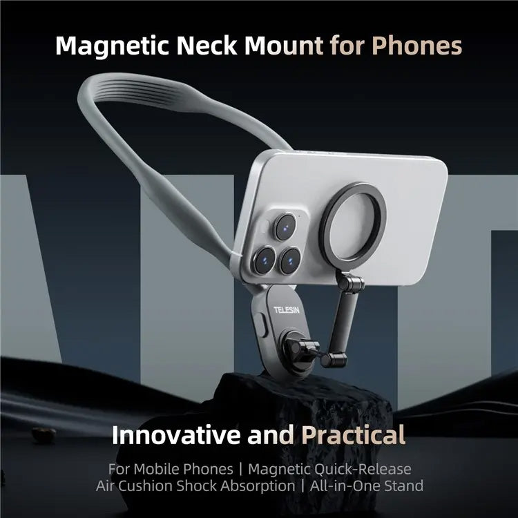 TELESIN Silicone Neck Mount Magnetic Selfie Stick Phone Neck Holder(Gray)