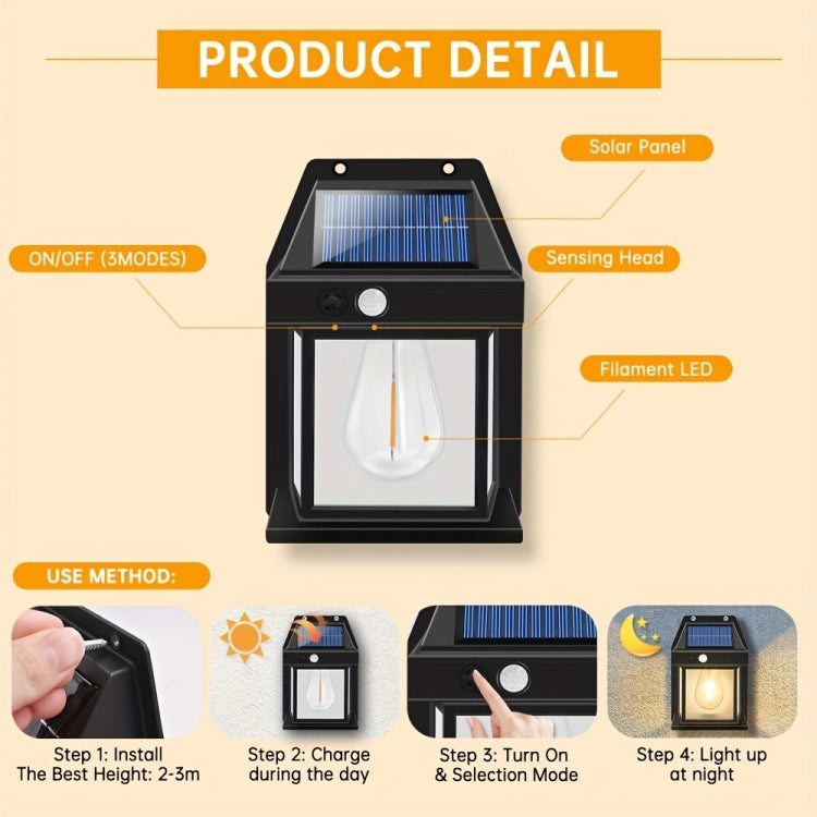 Solar Outdoor Tungsten Wall Light 3 Modes Body Sensing Waterproof Garden Villa Night Light, Spec: Regular Black
