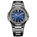 BINBOND B1885 30m Waterproof Retro Luminous Square Men Quartz Watch, Black Steel-Blue-White
