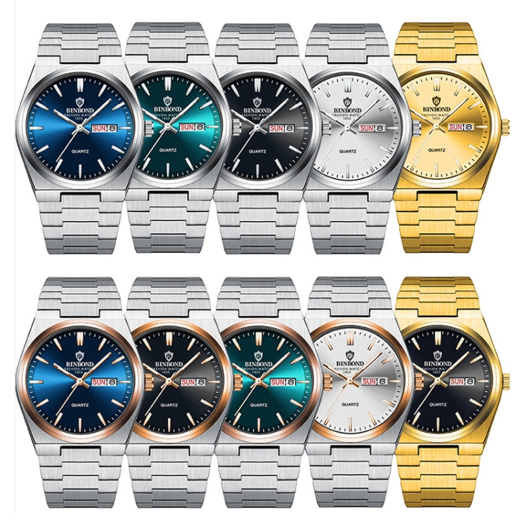 BINBOND B102 Dual-calendar Leisure Waterproof Luminous Quartz Watch, White Steel-Blue
