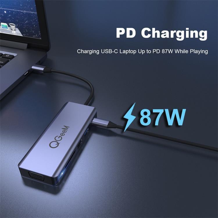QGeeM 9 In 1 USB-C/Type-C Docking Station Hub VGA+2xHDMI+PD 87W+USB2.0/USB3.0+SD/Micro SD+3.5mm, VGA Version