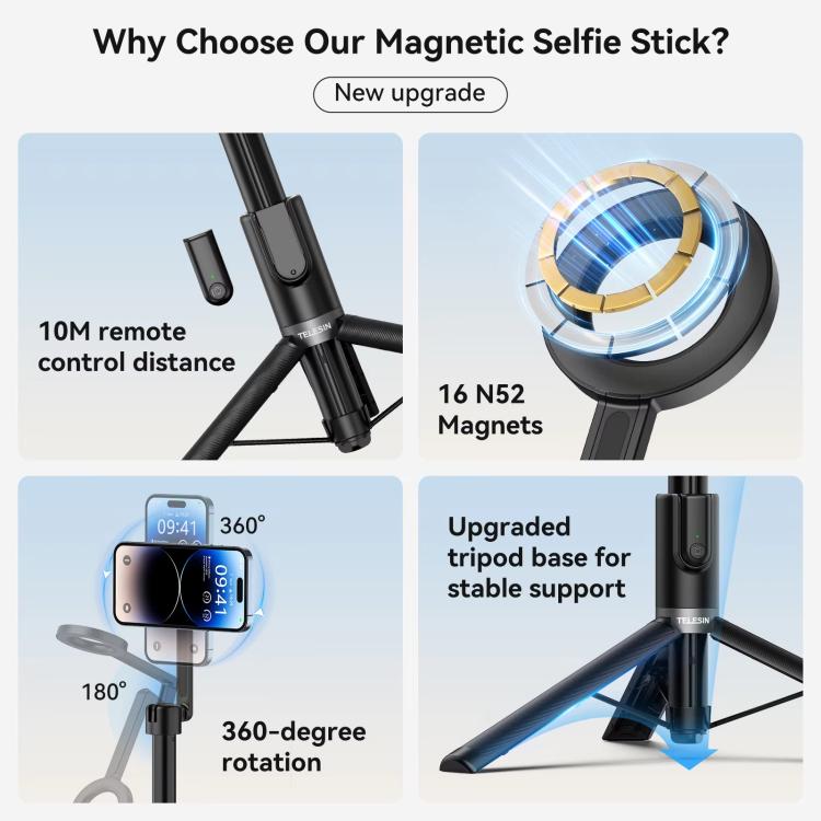 TELESIN 1.3m Magnetic Selfie Stick Tripod Phone Stand for Outdoor Vlog & Live Streaming with Bluetooth Remote