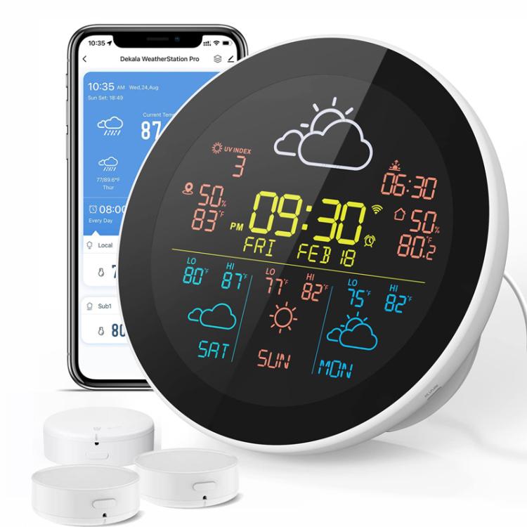 Smart WiFi Weather Station Clock Compatible With Tuya Smart Life Wireless Indoor Outdoor Thermometer Hygrometer, 1-to-1, 1-to-3, ColorScreen 1 Sensor, ColorScreen 3 Sensors