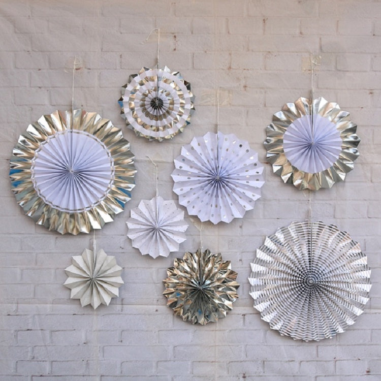 2 Sets Bronzing Paper Fan Flower Set Birthday Holiday Wedding Party Decoration, Bronzing 8pcs, Hot Silver 8pcs, Black 8pcs, Rose Gold 8pcs, Champagne Gold 8pcs, Colorful Hollow 8pcs, Bronzing 6pcs