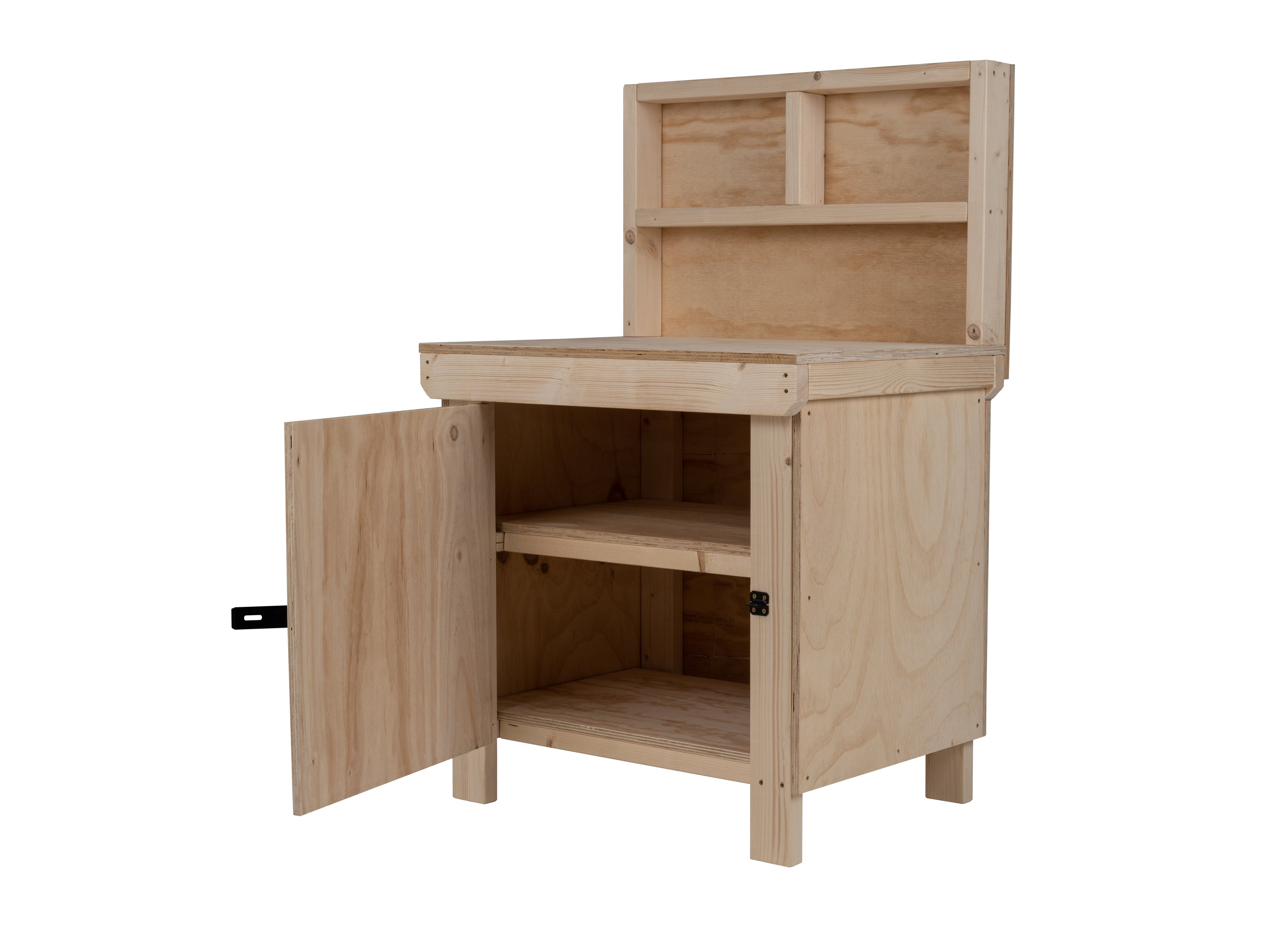 Wooden Plywood Top Workbench With Lockable Cupboard (V.9) With back panel, Double Shelf
