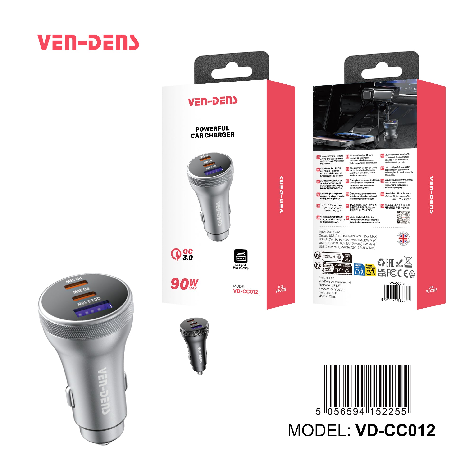 Dual USB C + USB A 3 Port 90W Fast in Car Charger VD-CC012