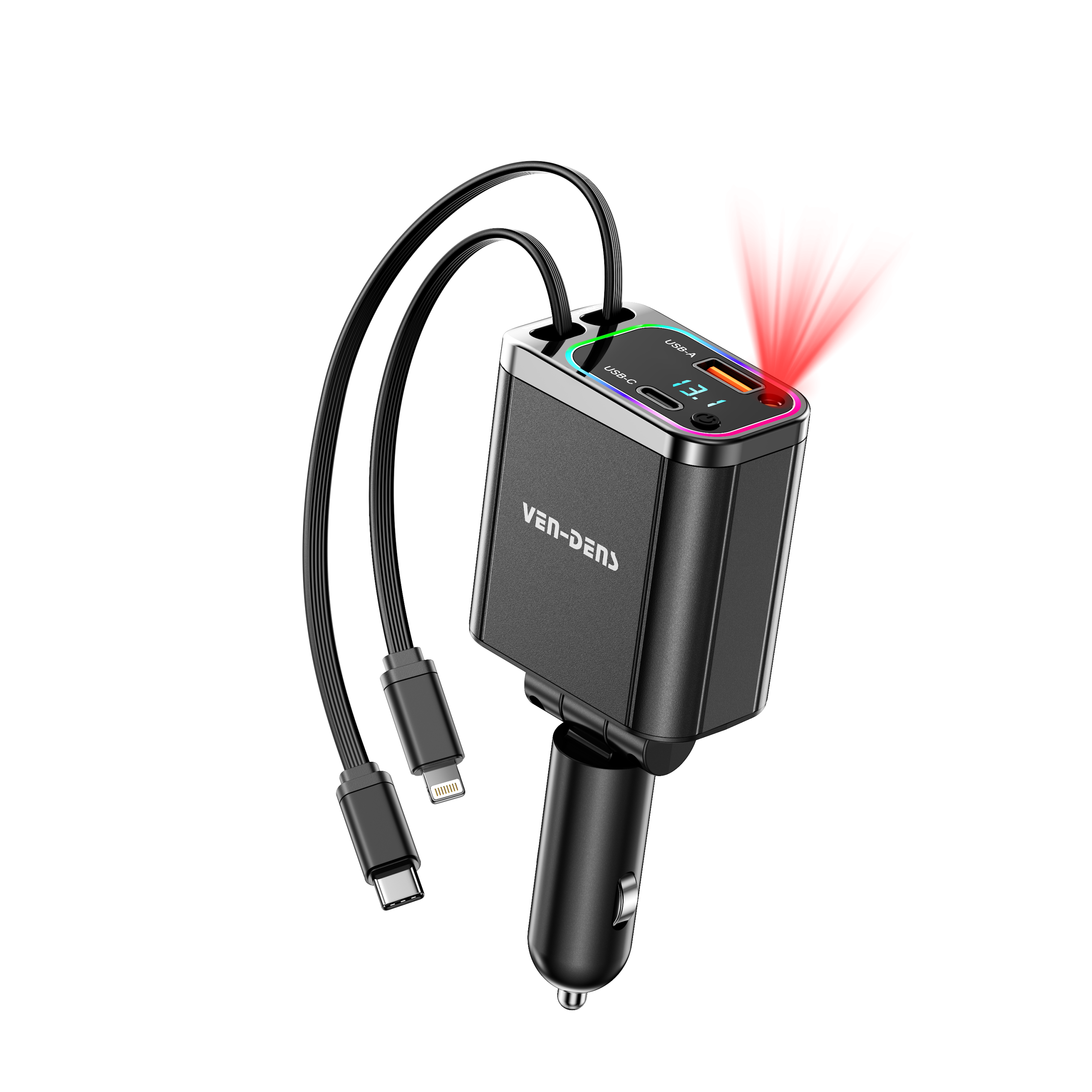 38W USB + Type-C Dual Ports Car Charger with Type-C and Lightning Cable