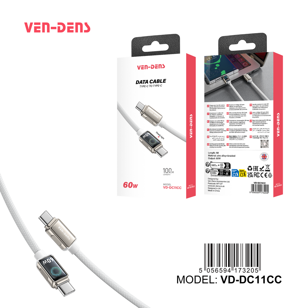 USB C to USB C 60W Zinc Alloy Braided White Fast Data Charging Cable VD-DC11CC
