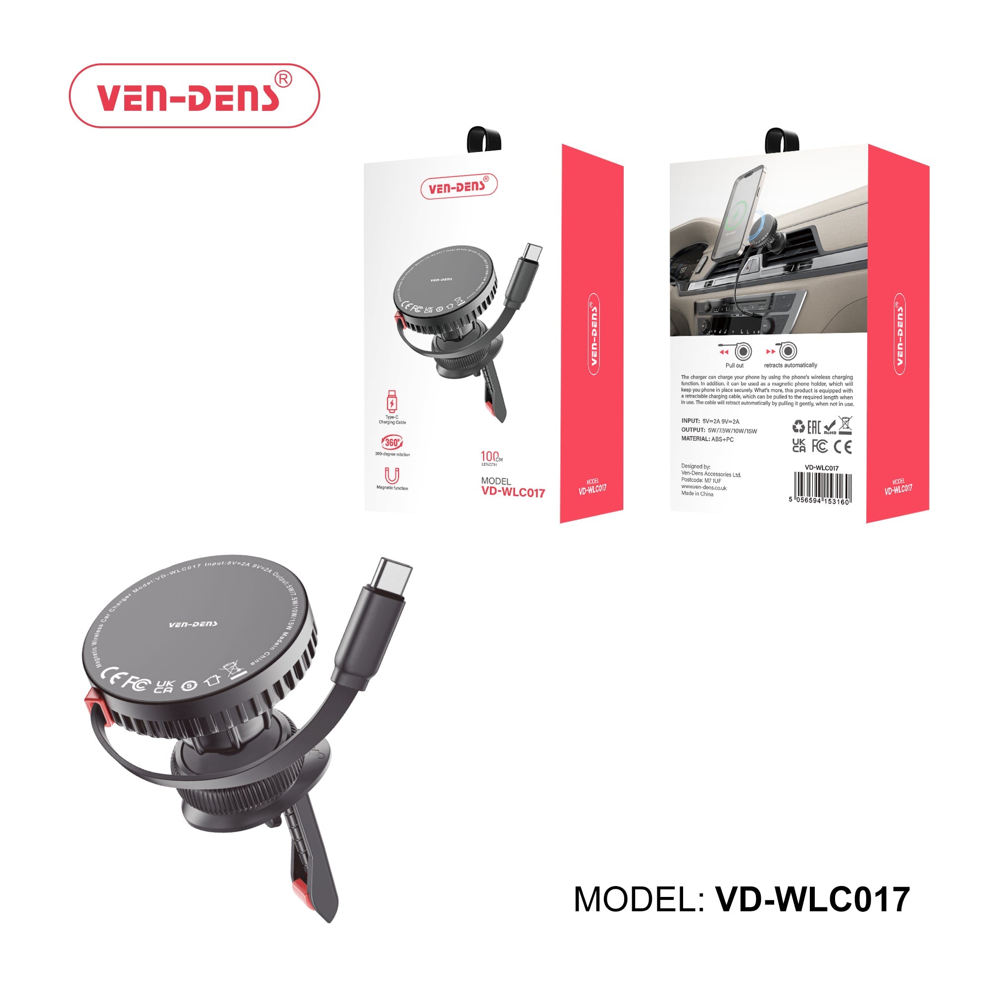 360 Rotation Magnetic Wireless Car Charger With Type-C Cable