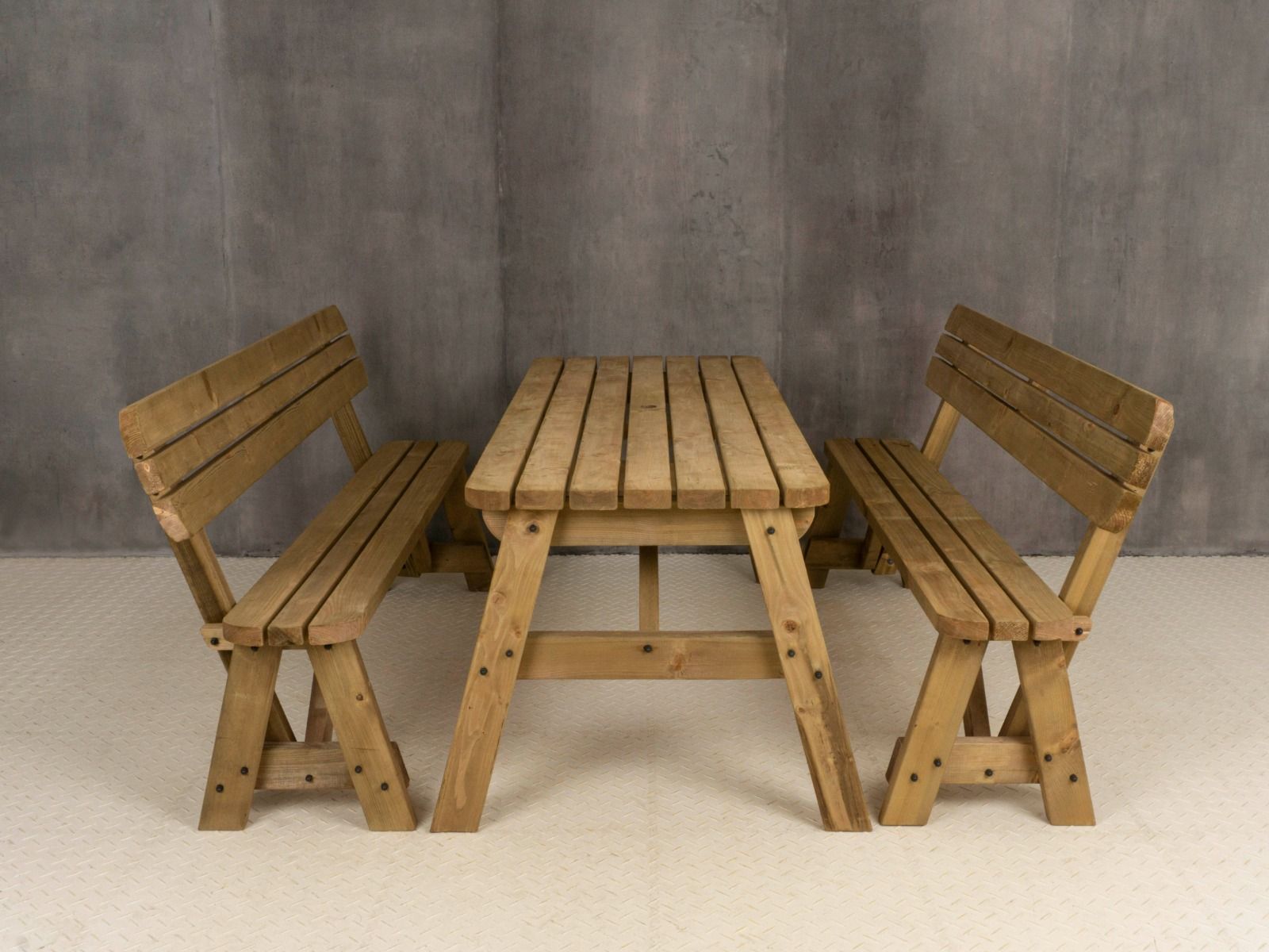 Victoria Rounded Picnic Table and Benches Set With Backrest - Rustic Finish