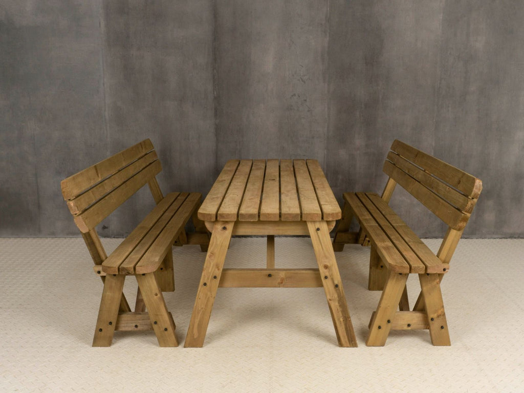 Victoria Rounded Picnic Table and Benches Set With Backrest - Rustic Finish