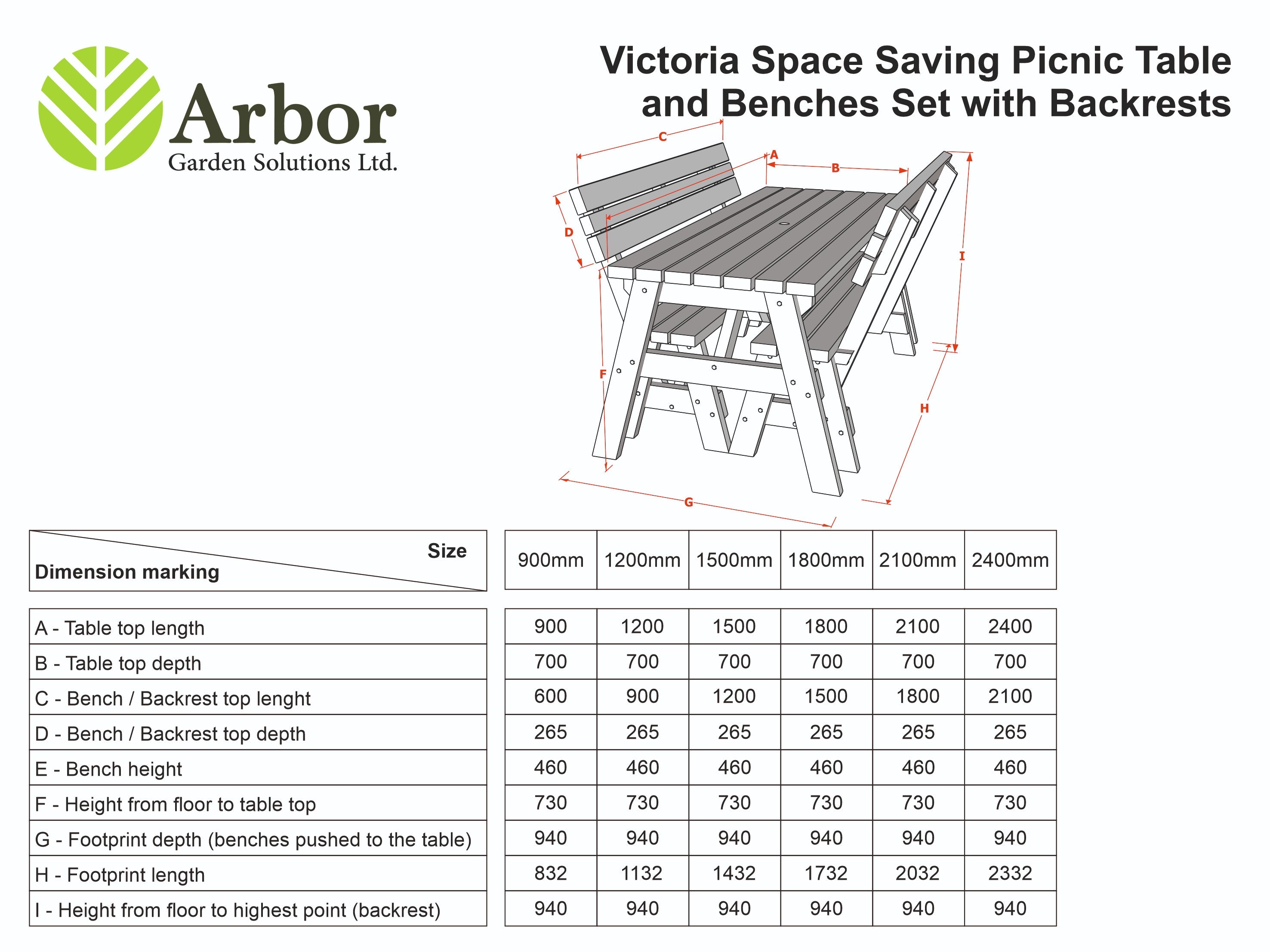 Victoria Space Saving Rounded Picnic Table and Bench Set With Backrest - Rustic Finish