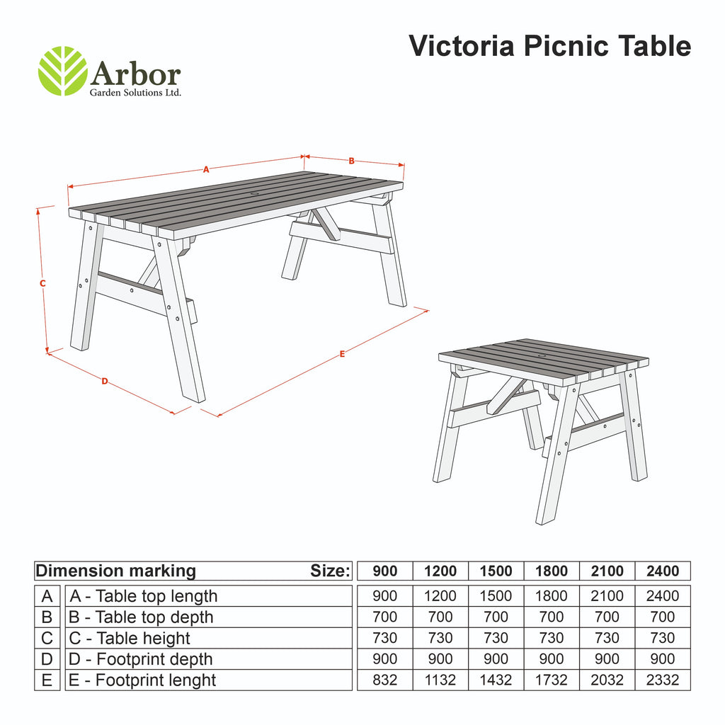 Victoria Rounded Wooden Garden Table, Outdoor Picnic Dining Desk - Rustic Finish