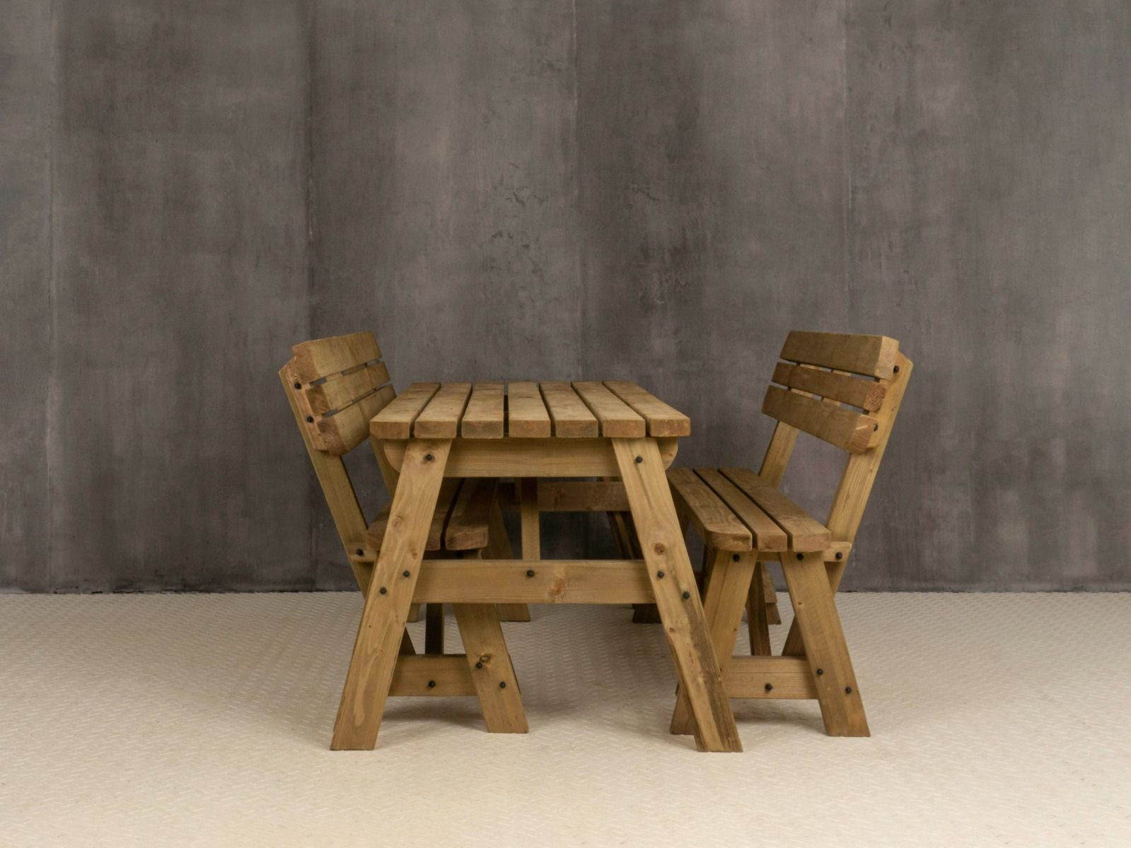 Victoria Space Saving Rounded Picnic Table and Bench Set With Backrest - Rustic Finish