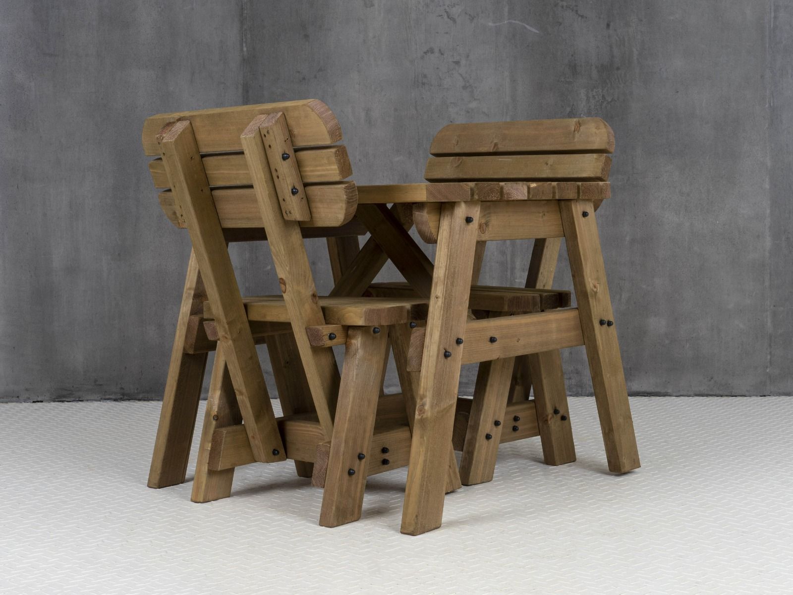 Victoria Space Saving Rounded Picnic Table and Bench Set With Backrest - Rustic Finish