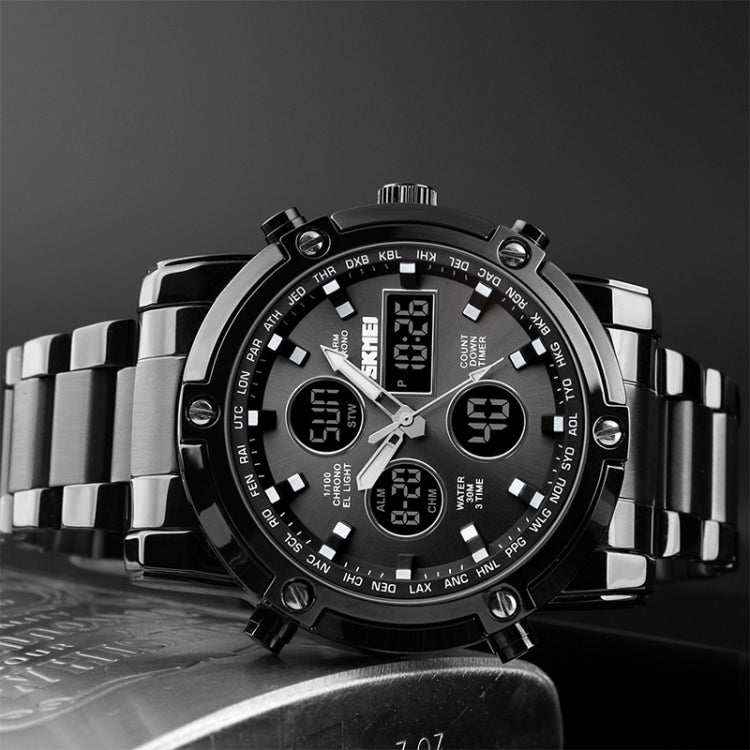 SKMEI 1389 Multifunctional Men Business Digital Watch 30m Waterproof Large Dial Wrist Watch with Stainless Steel Watchband , 1389 Black, 1389 Blue, 1389 Silver