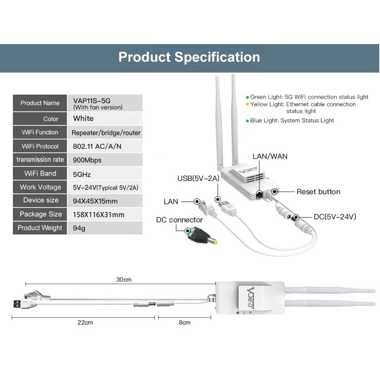 VONETS VAP11S-5G Mini Wireless Bridge 900Mbp WiFi Repeater with 2 Antennas & Fan