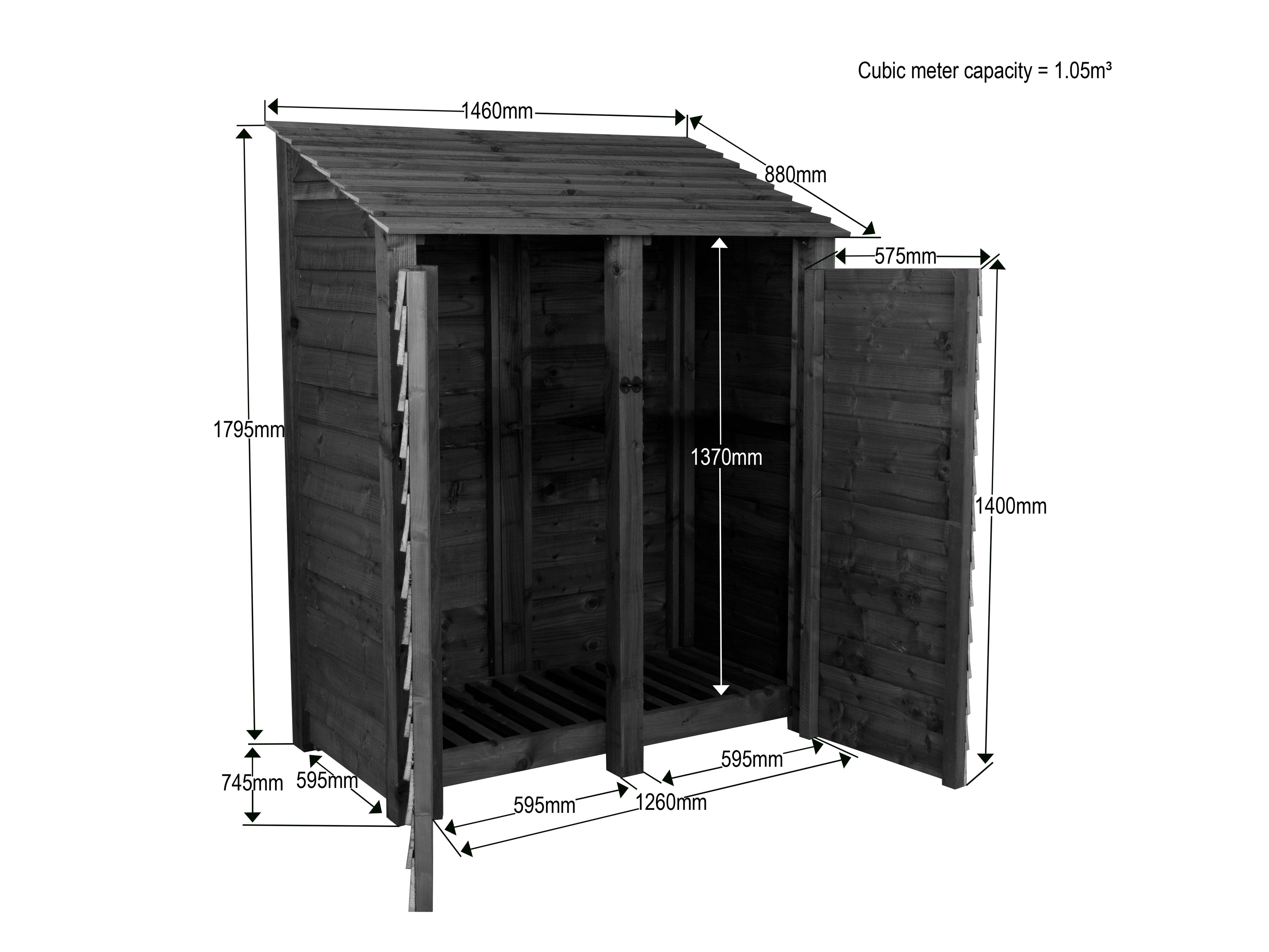Premium Slatted Wooden Log Store with Doors W-146cm, H-126cm or 180cm, D-88cm