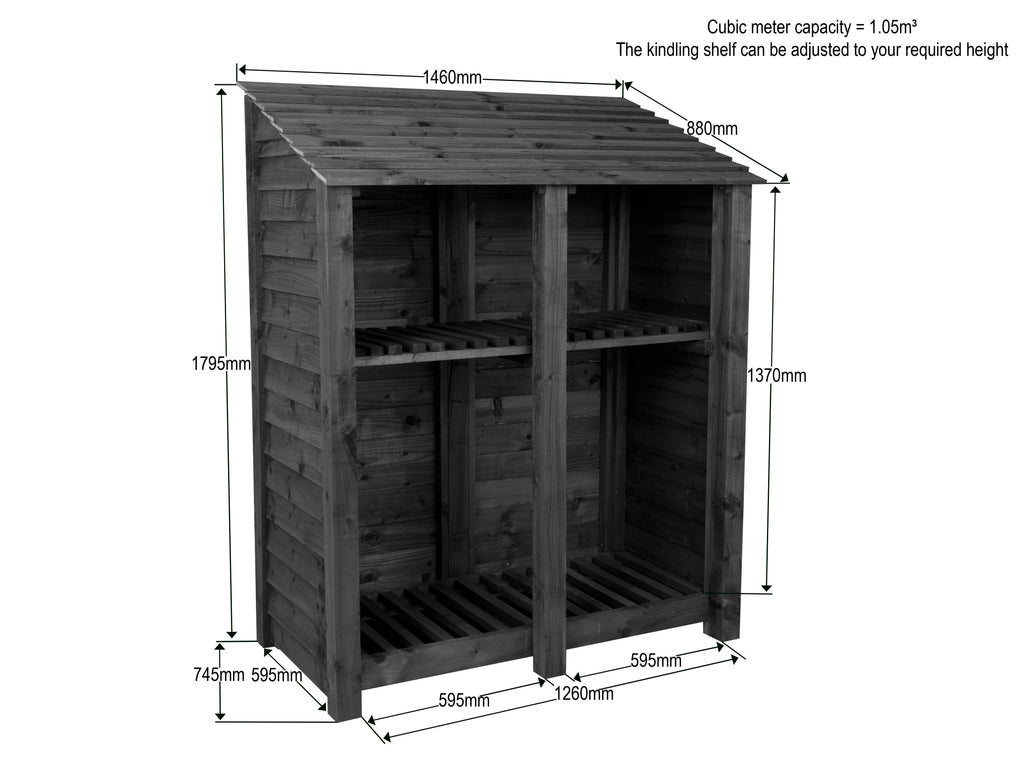 Slatted Wooden Log Store with Shelf W-146cm, H-126cm or 180cm, D-88cm