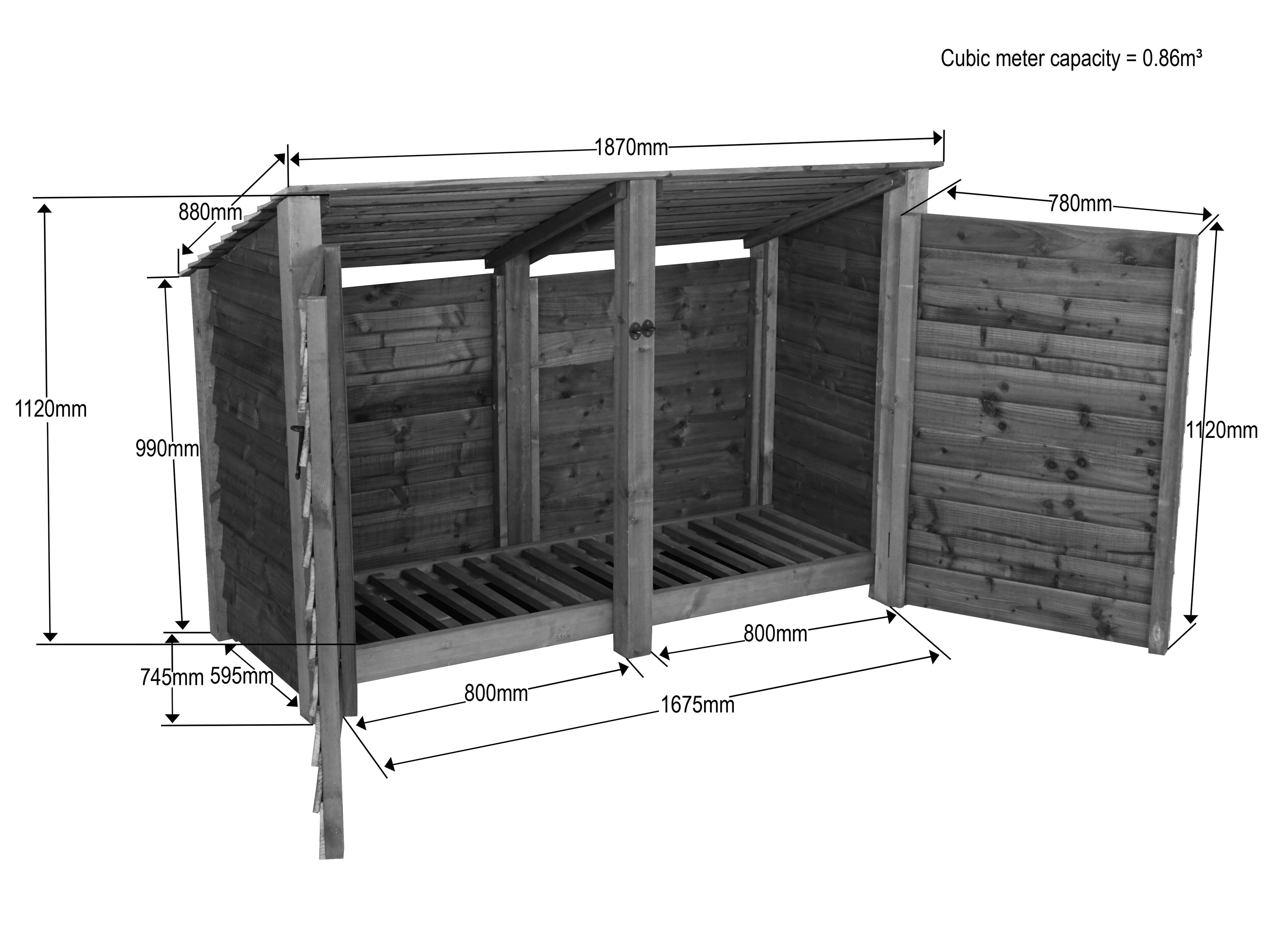 Wooden Log Store (Roof Sloping Back) with Doors W-187cm, H-126cm or 180cm, D-88cm - Brown Finish
