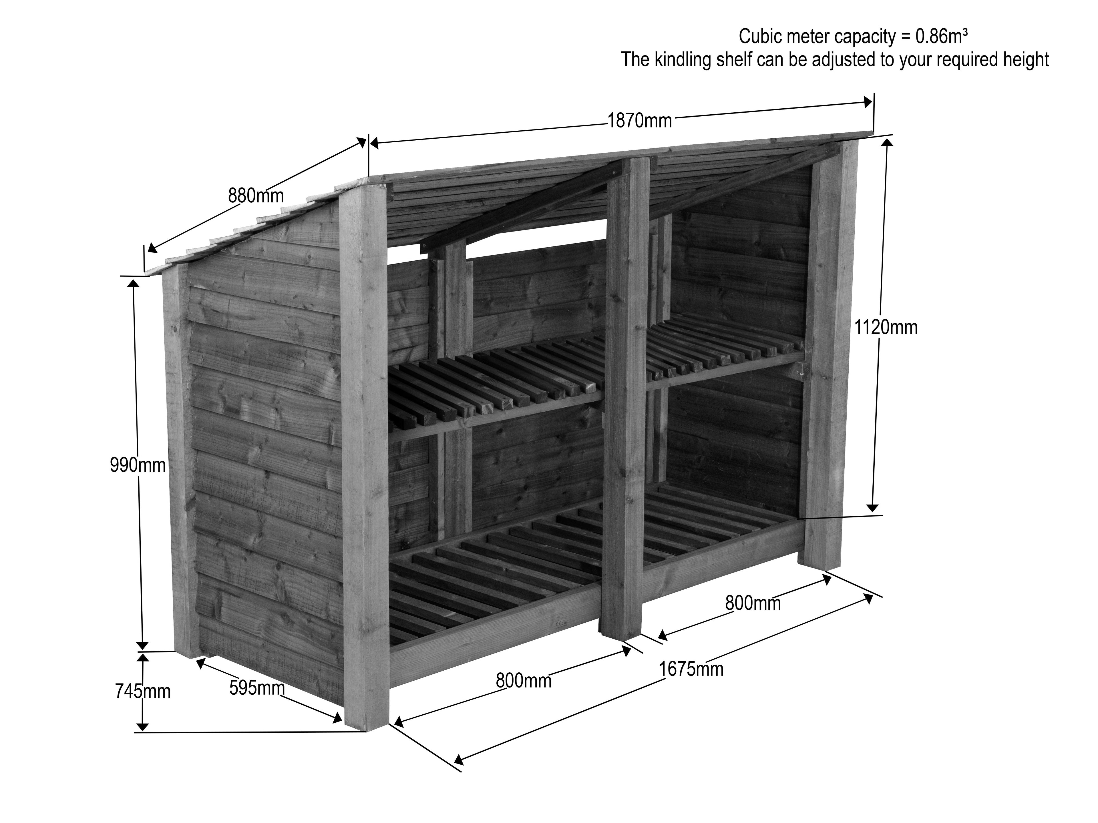 Wooden Log Store (Roof Sloping Back) with Shelf W-187cm, H-126cm or 180cm, D-88cm