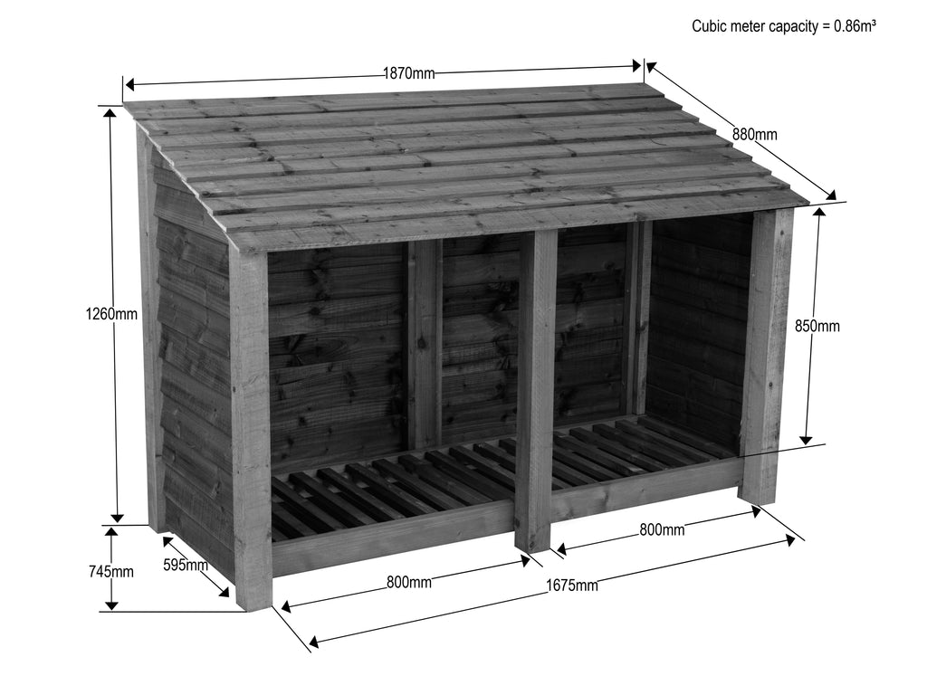 Slatted Wooden Log Store W-187cm, H-126cm or 180cm, D-88cm - Brown Finish