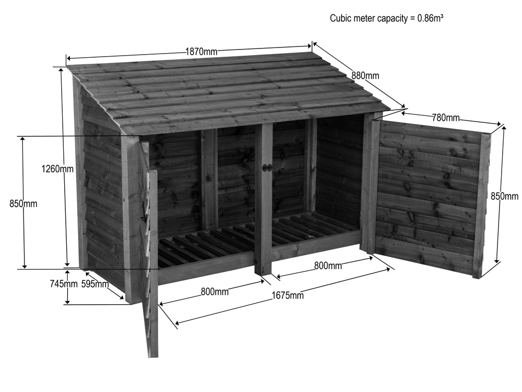 Wooden Log Store with Doors W-187cm, H-126cm or 180cm, D-88cm