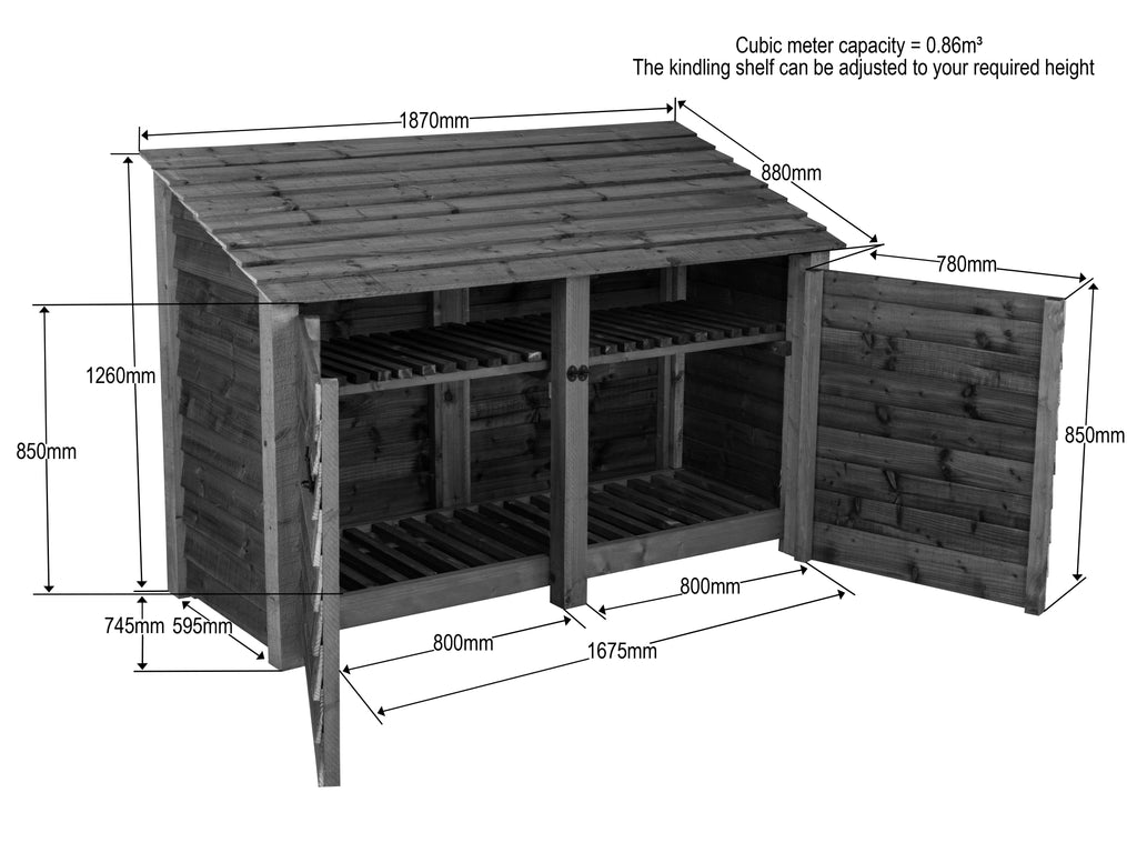 Slatted Wooden Log Store with Doors And Shelf W-187cm, H-126cm or 180cm, D-88cm