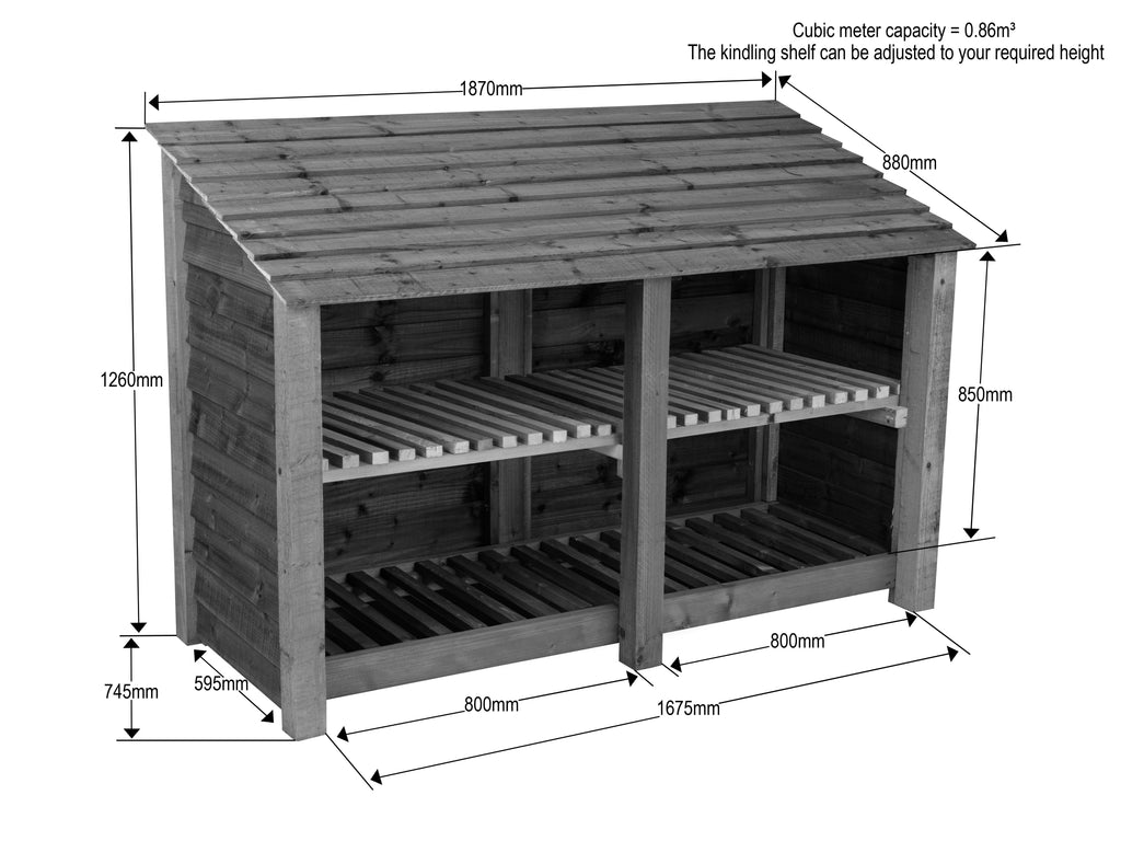 Slatted Wooden Log Store with Shelf W-187cm, H-126cm or 180cm, D-88cm