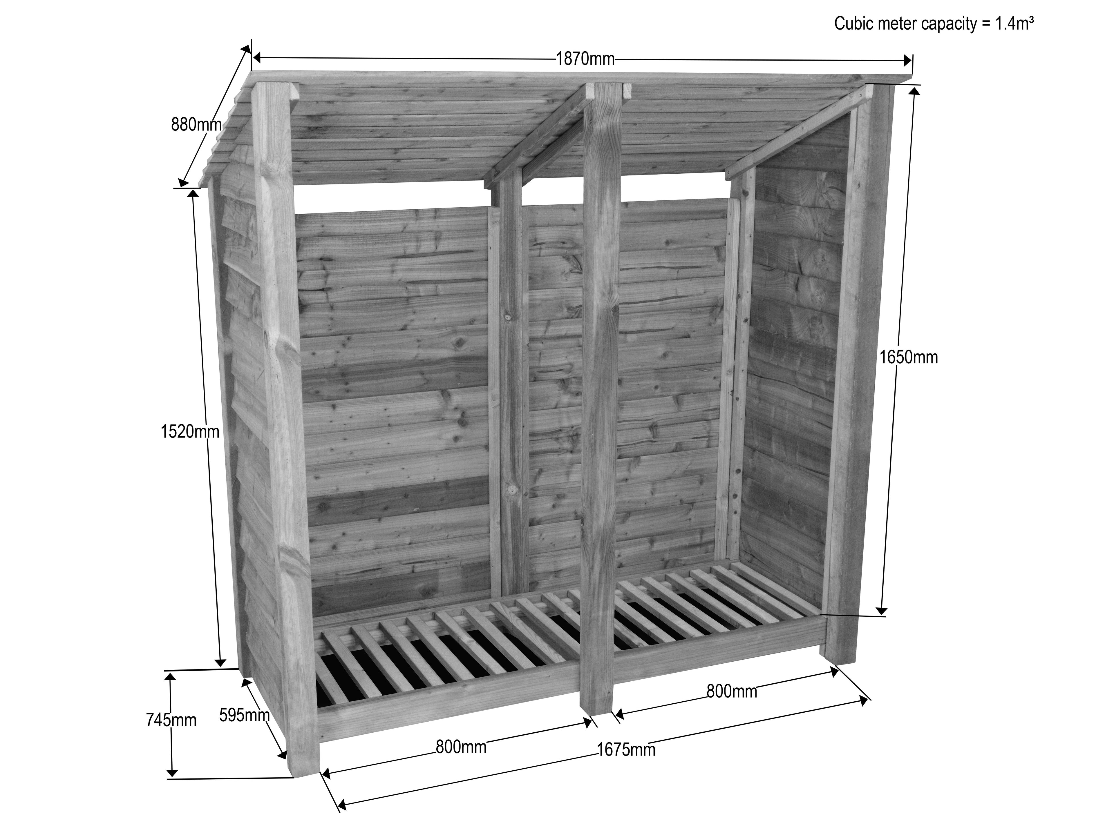 Wooden Log Store (Roof Sloping Back) W-187cm, H-126cm or 180cm, D-88cm - Brown Finish