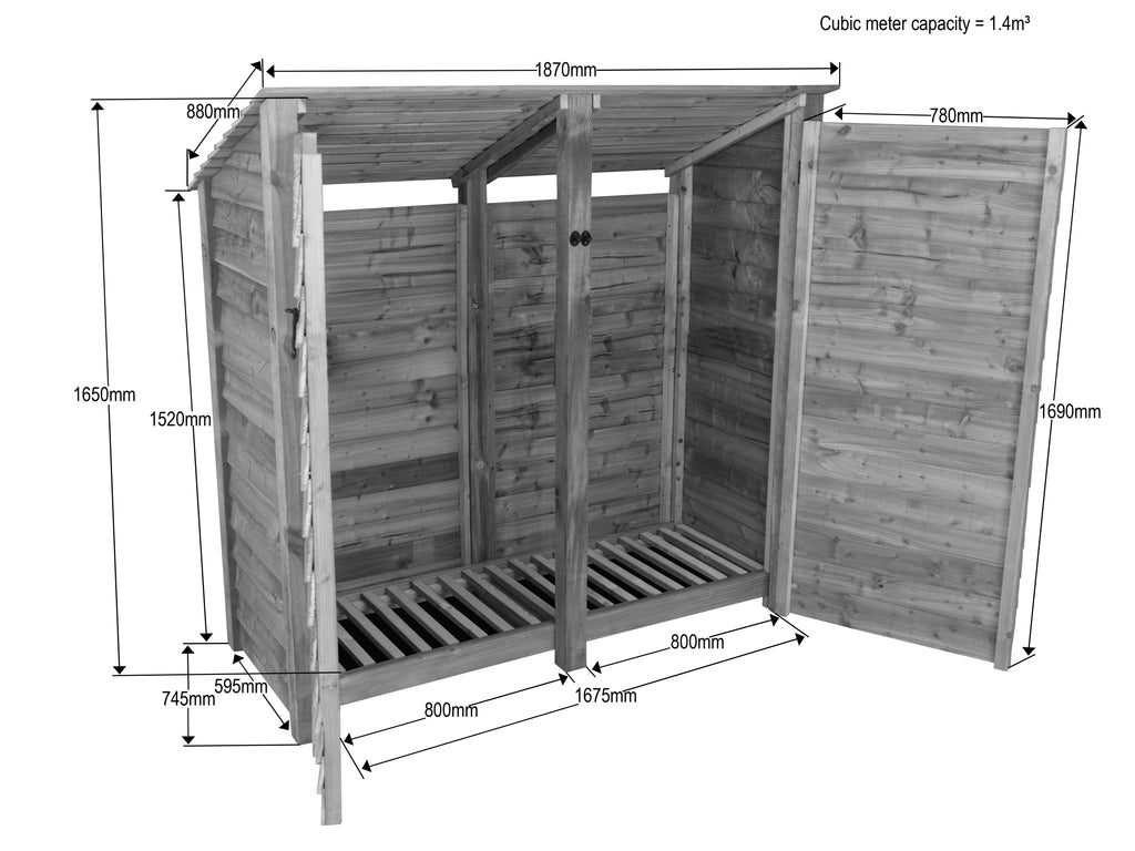 Wooden Garden Tool Storage (Roof Sloping Back) W-187cm, H-126cm or 180cm, D-88cm
