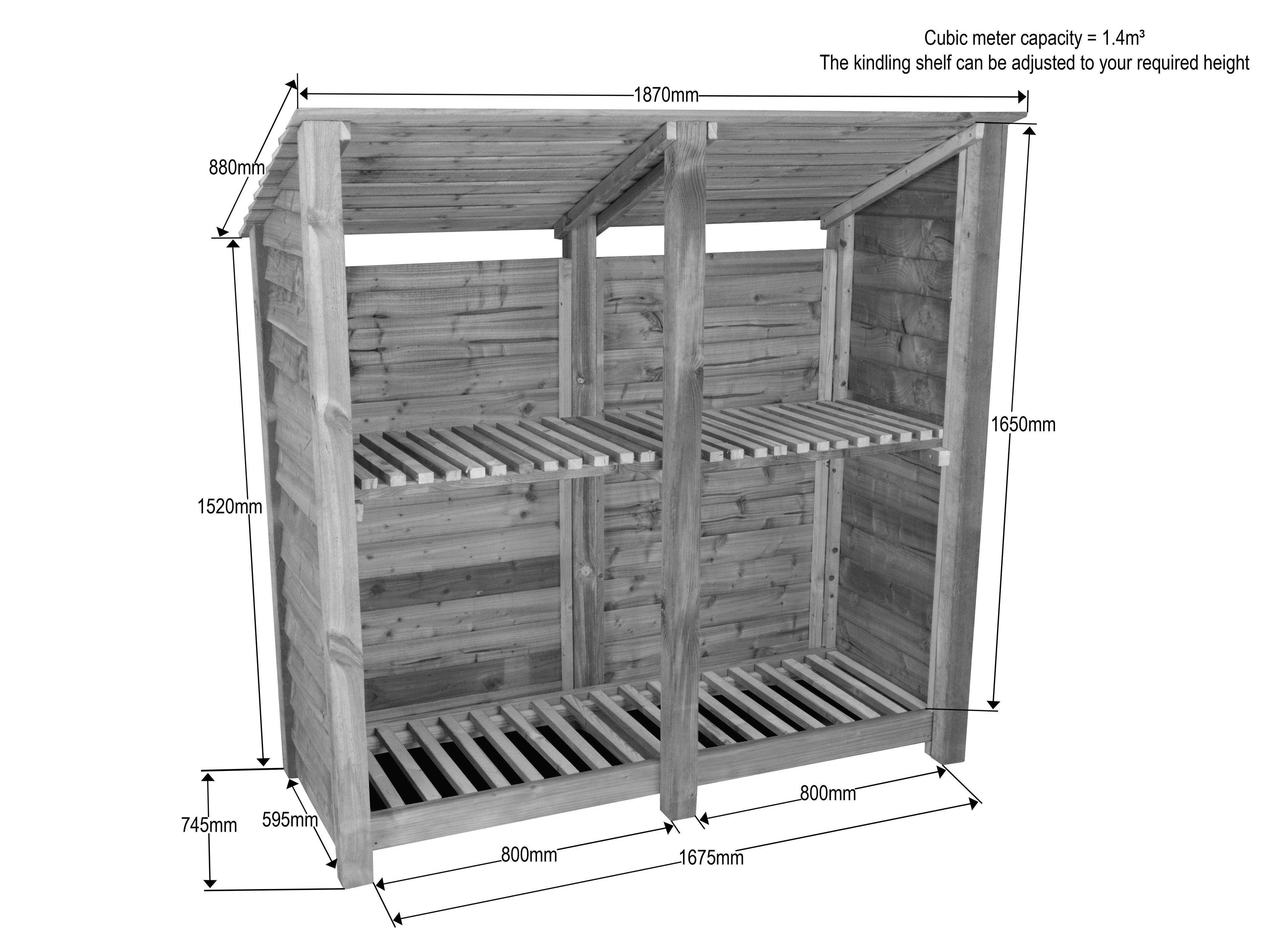 Wooden Log Store (Roof Sloping Back) with Shelf W-187cm, H-126cm or 180cm, D-88cm - Brown Finish