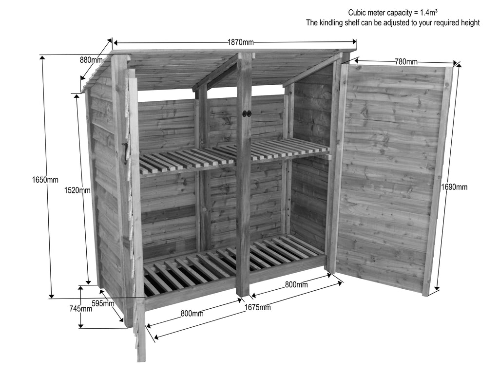 Wooden Garden Tool Storage (Roof Sloping Back) with Shelf W-187cm, H-126cm or 180cm, D-88cm - Brown Finish