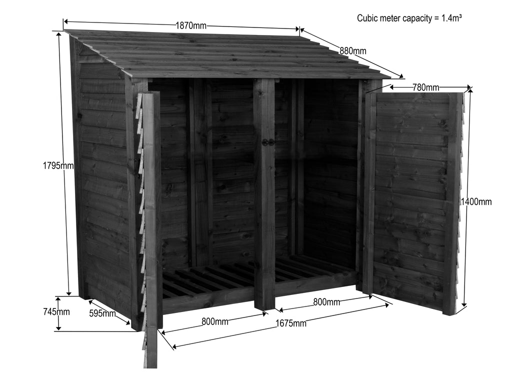 Wooden Log Store with Doors W-187cm, H-126cm or 180cm, D-88cm - Brown Finish