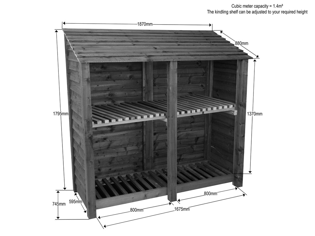 Wooden Log Store with Shelf W-187cm, H-126cm or 180cm, D-88cm - Brown Finish