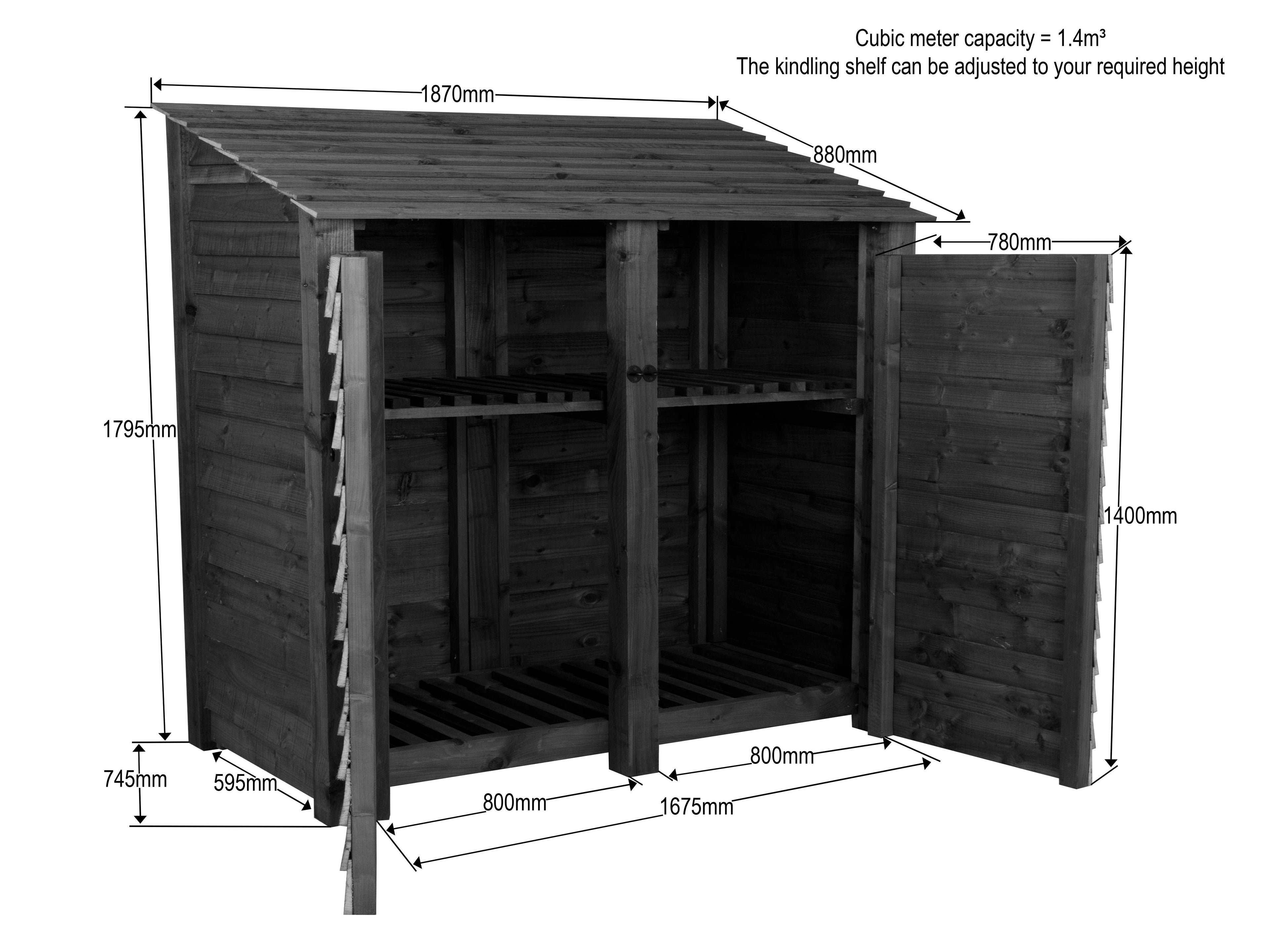 Slatted Wooden Log Store with Doors And Shelf W-187cm, H-126cm or 180cm, D-88cm - Brown Finish