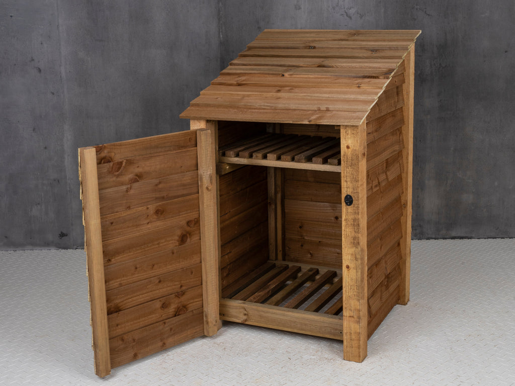 Wooden Log Store with Door and Shelf W-79cm, H-126cm or 180cm, D-88cm - Brown Finish