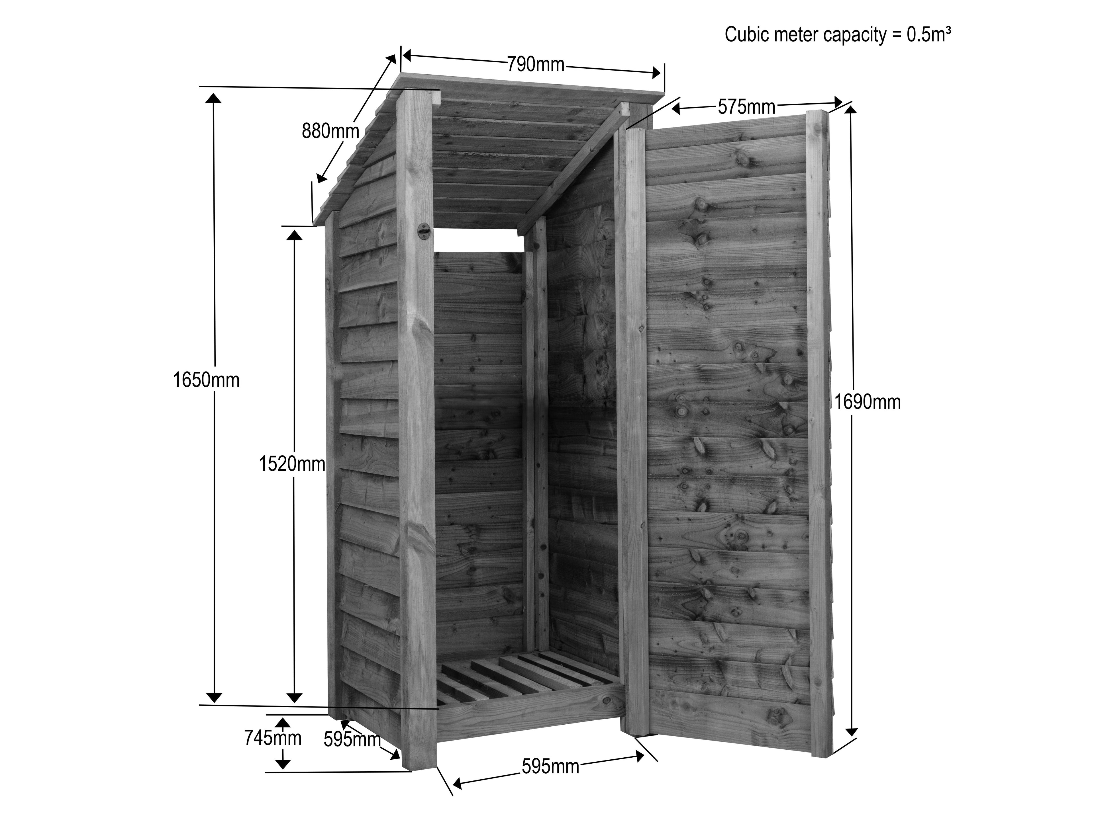 Wooden Log Store with Door (Roof Sloping Back) W-79cm, H-126cm or 180cm, D-88cm