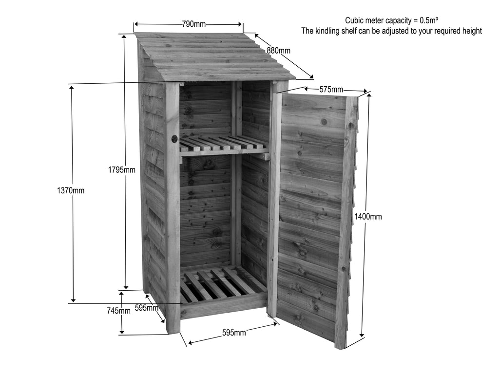 Slatted Wooden Log Store With Door and Shelf W-79cm, H-126cm or 180cm, D-88cm - Brown Finish